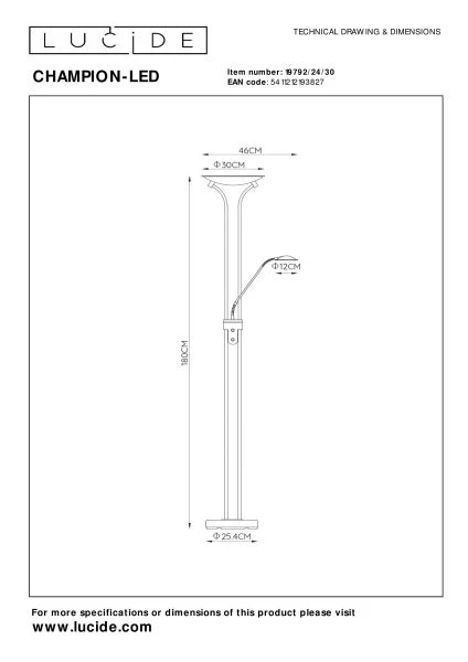 Lucide CHAMPION-LED - Floor reading lamp - LED Dim. - 3000K - Black - technical